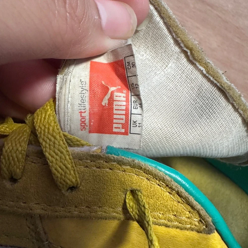 Vintage Yellow Puma Shoes With Blue And Green Stripes. RARE